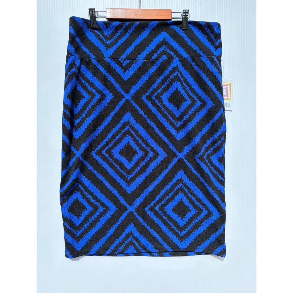 LuLaRoe Cassie Pencil Skirt Womens XL Blue Black Geometric Diamond Stretch Work